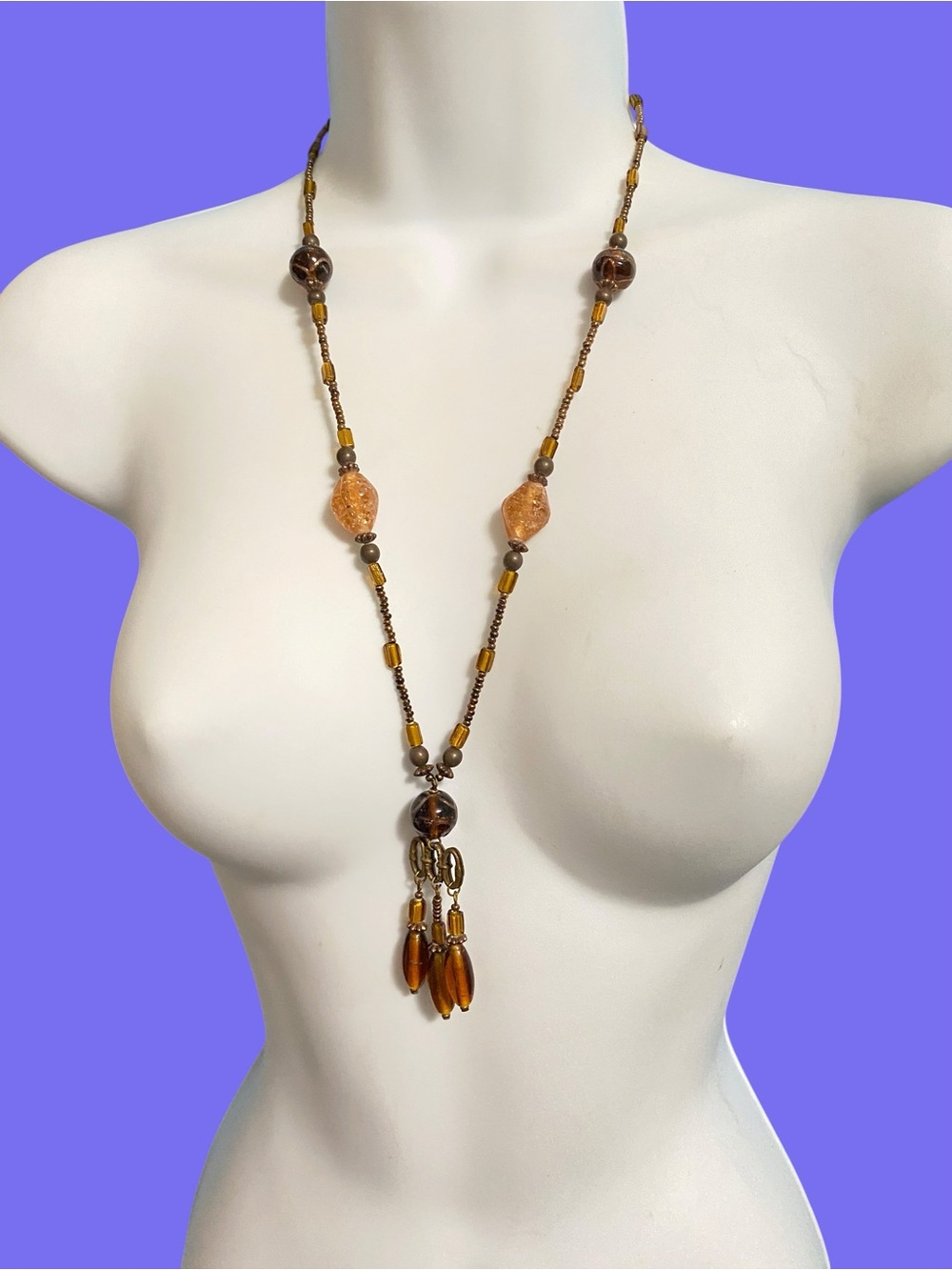 Boho Glass Beads Necklace Brown Gold Dangle